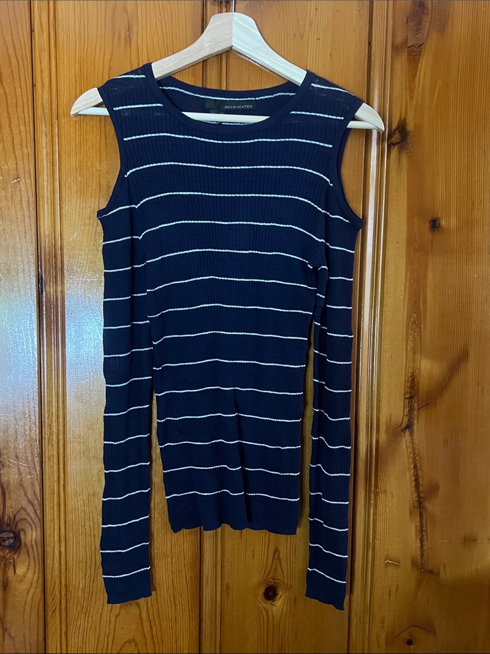 NWT 360 Sweater Navy and White Stripe Fitted Shirt with Exposed Shoulders